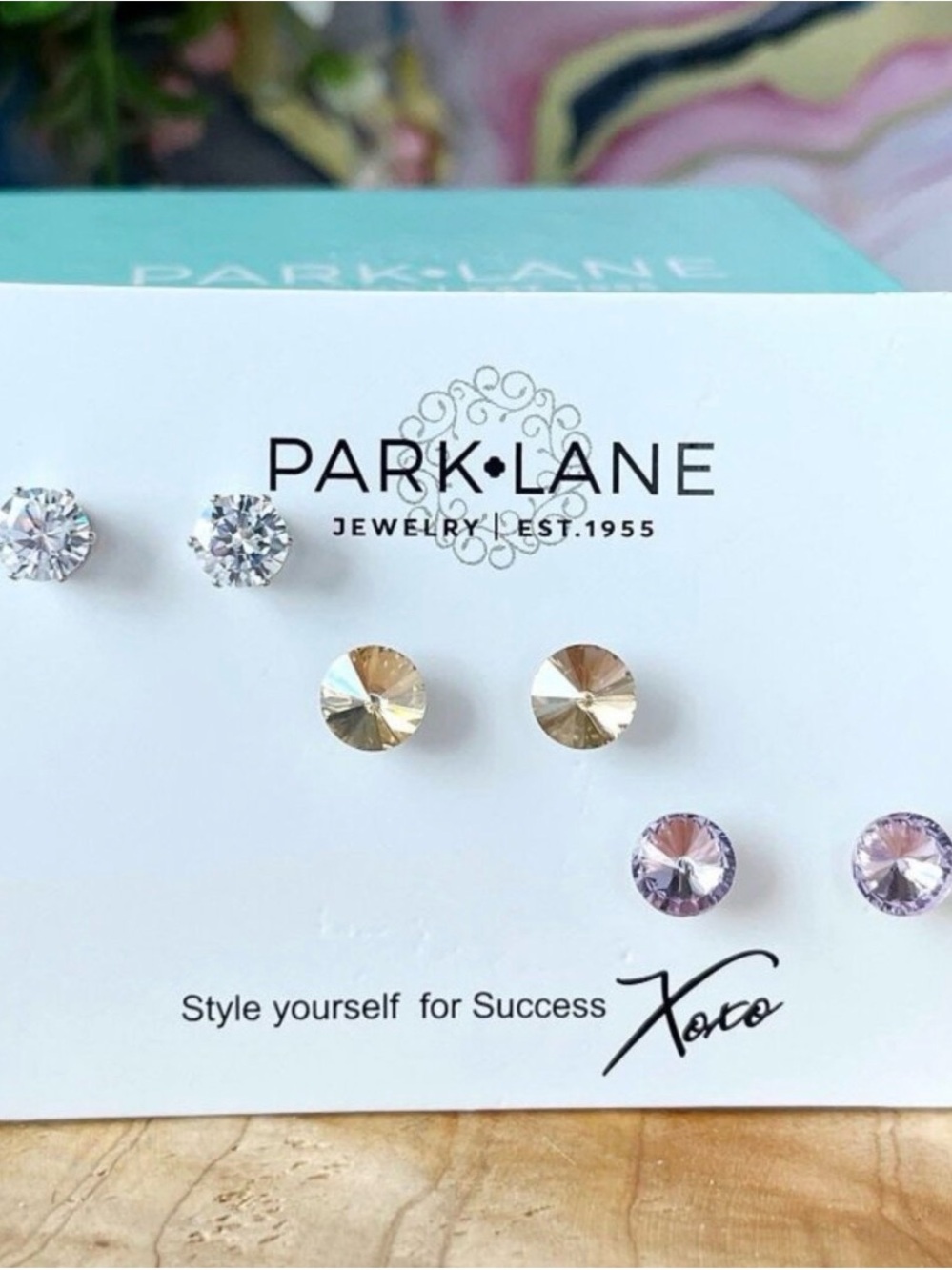 Park Lane Three-Pair Stud Earrings — Clear, Champagne & Lavender